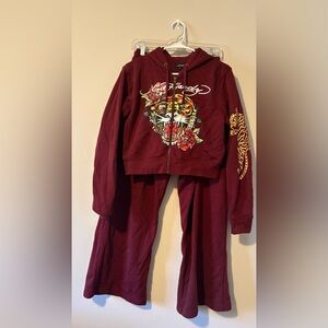 Ed Hardy Burgundy Zip Hoodie with Logo